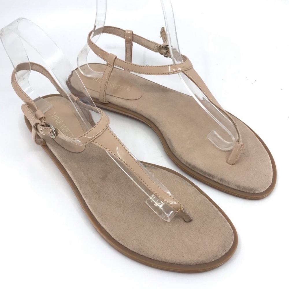 NINE WEST TAN PATENT T STRAP FLAT SANDALS